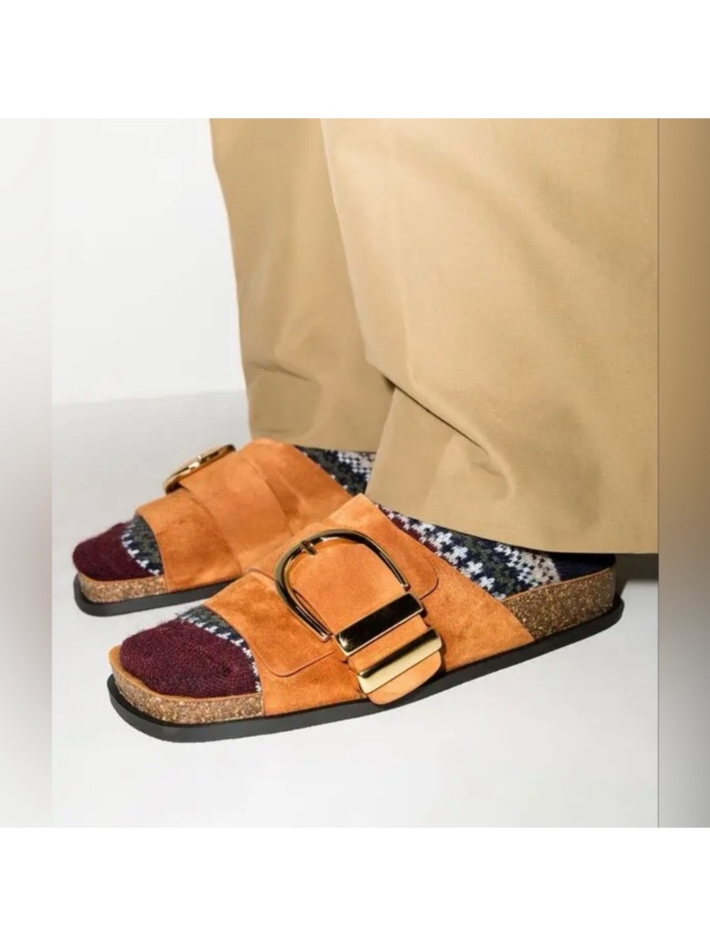 KHAITE suede slides w gold buckle